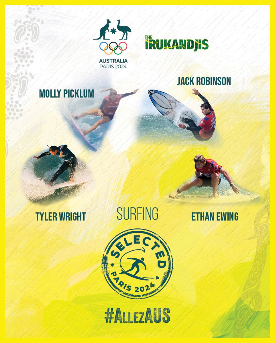 Ready to take on the barrels of Teahupo'o, Tahiti! 🌊 Tyler Wright, Molly Picklum, Jack Robinson and Ethan Ewing are off to the #Paris2024 Olympic Games for their Olympic debut! #AllezAUS | #TheIrukandjis | @surfingaus