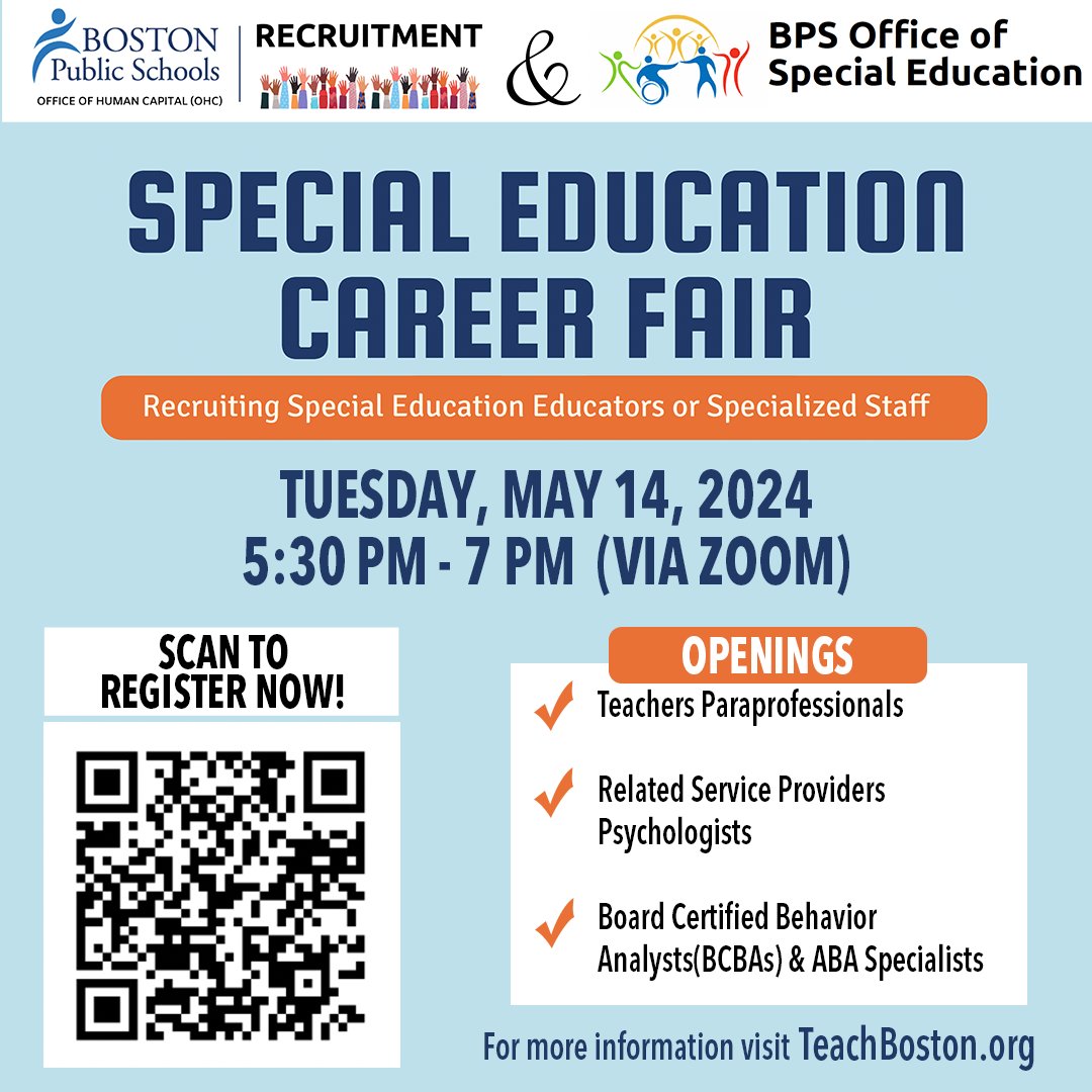 Come network with current School Leaders and the Recruitment Team looking to recruit Special Educators or specialized staff for @BostonSchools at 5:30 p.m. next Tuesday, May 14 on Zoom! Scan the QR code to register.