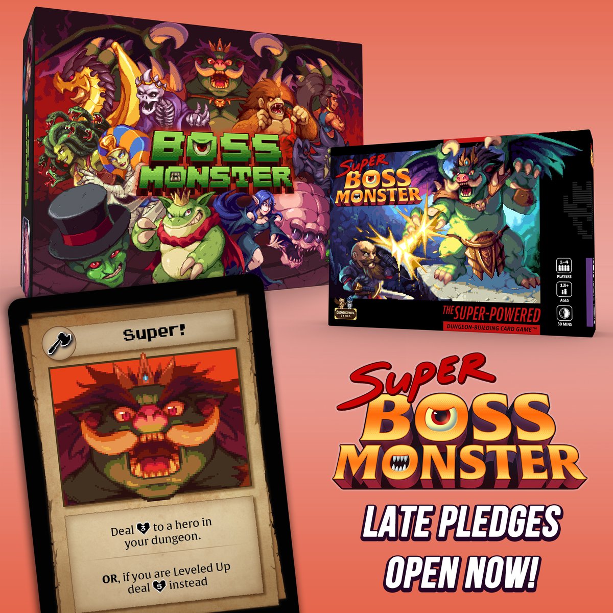 The wait is finally over! #SuperBossMonster is now available for pre-order on BackerKit. Embrace your evil side and join the dungeon-building revolution in the 1-4 player hero slaying strategy game! Get the game and all 26 stretch goals here! bit.ly/sbmlatepledge