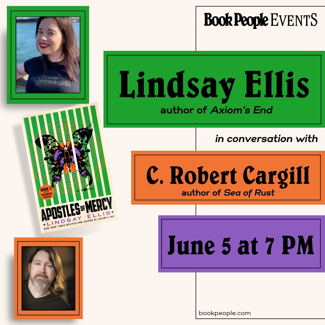 Join Lindsay Ellis on June 5th discussing APOSTLES OF MERCY with C. Robert Cargill! More info + RSVP: eventbrite.com/e/bookpeople-p… @thelindsayellis @Massawyrm