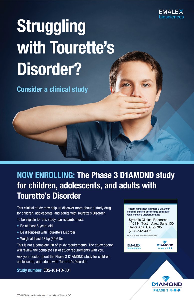 Children, adolescents, and adults diagnosed with Tourette’s Disorder may qualify to participate in a clinical study. To learn more, contact us at (800) NEW-STUDY or Syrentis.com #tourettessyndrome #TICSdisorder #clinicaltrials #SyrentisClinicalResearch
