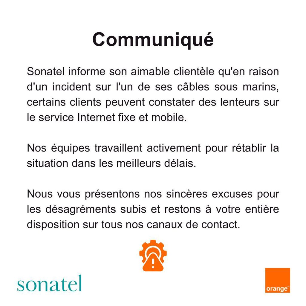 #Communiqué Sonatel informe son aimable clientèle qu'en raison d'un incident sur un de ses câbles sous marins, certains clients peuvent constater des lenteurs sur le service Internet fixe et mobile. Nos équipes travaillent activement pour rétablir la situation dans les…