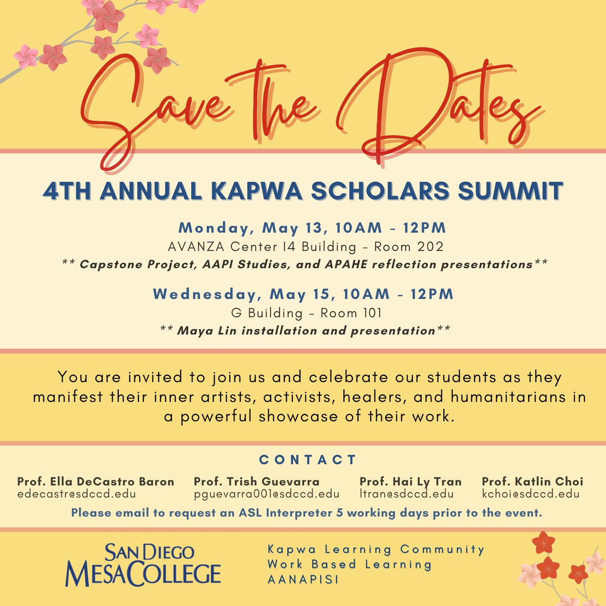 We are excited to announce our 4th Annual Kapwa Scholars Summit will take place over two days at Mesa College on May 13th and 15th. Our hope is to uplift and continue our support of AAPI scholars and their co-conspirators, as well as celebrating AAPI Heritage Month.