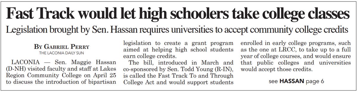 ICYMI: New Hampshire high schools are leading the country in enabling high schoolers to earn college credit. I recently visited Lakes Region Community College to discuss my bipartisan bill to help more students earn college credit while still in high school. Read more here ⬇️