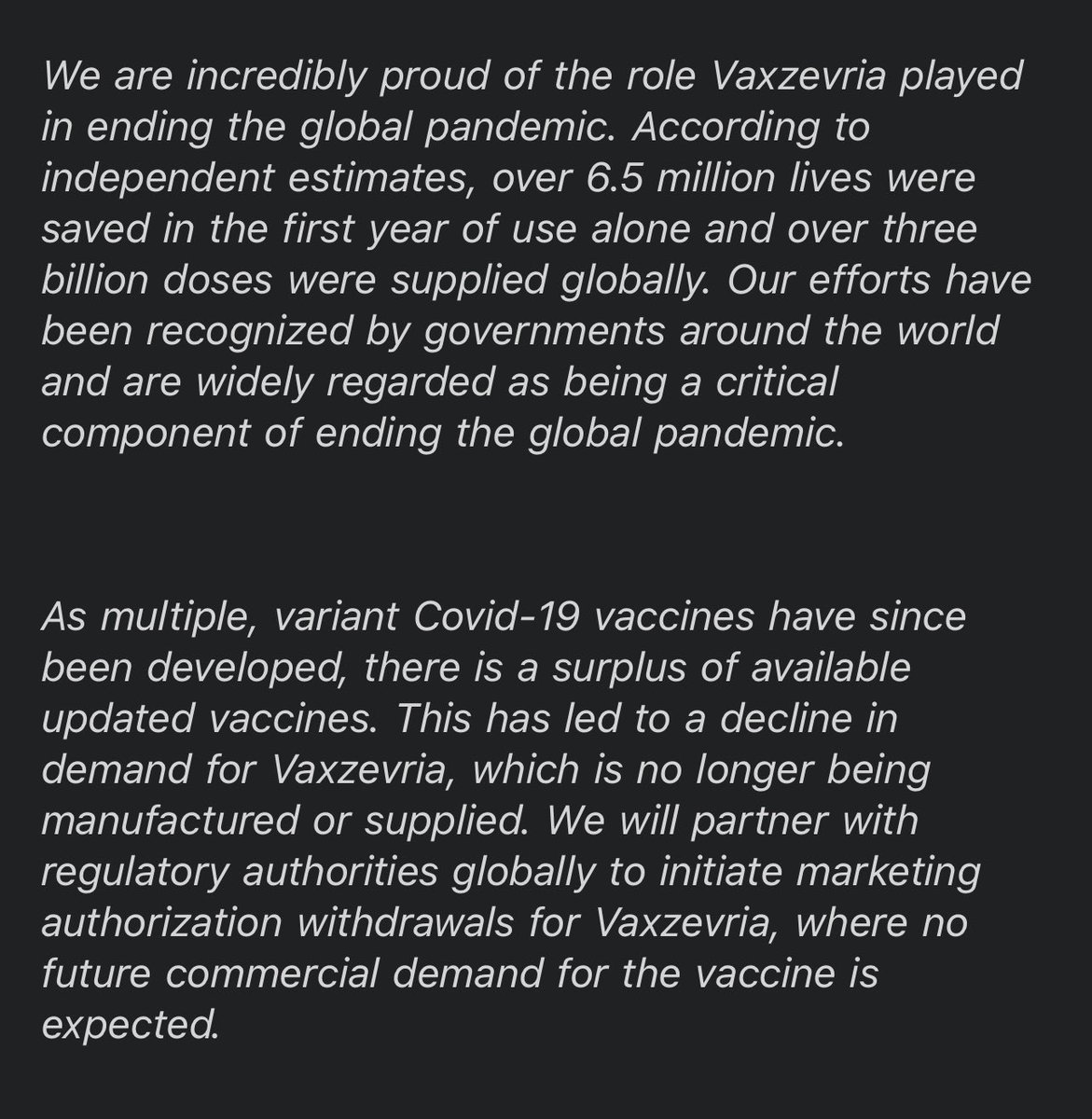 New: AstraZeneca is withdrawing marketing authorization applications for its Covid-19 vaccine globally, company spokesperson confirms to @endpts Statement below