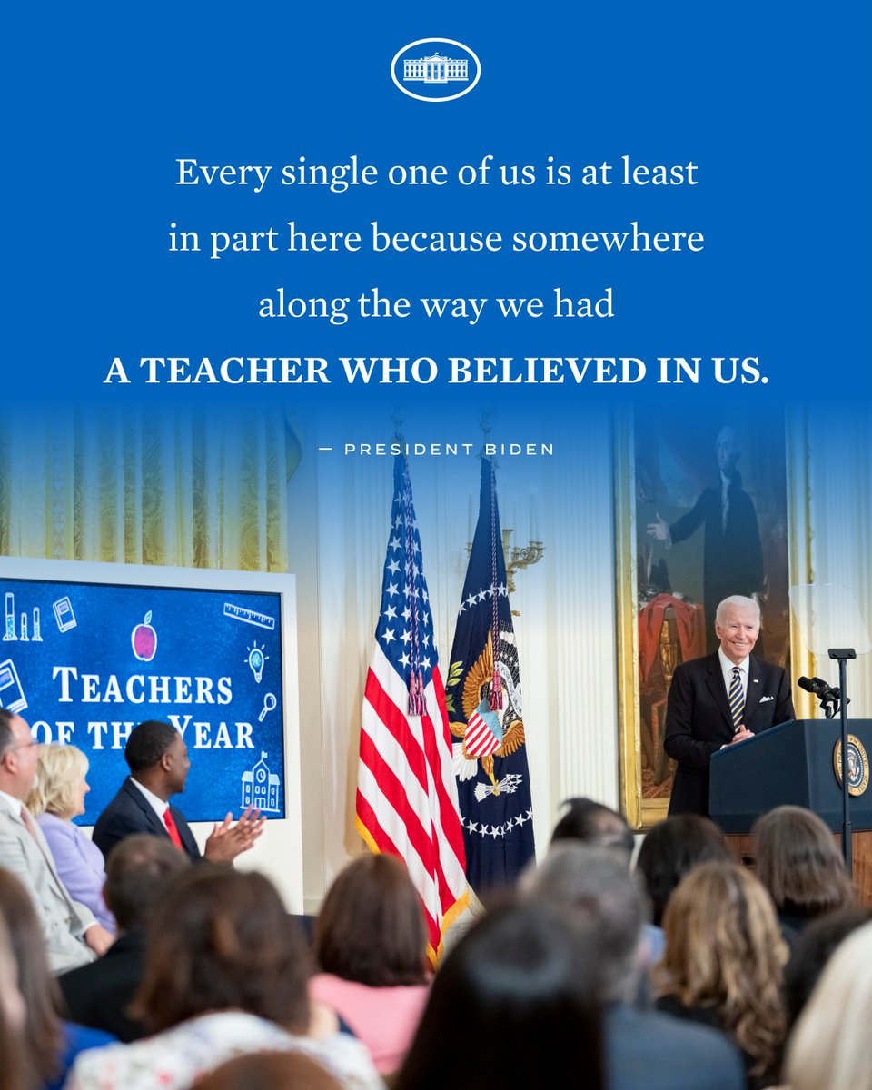 Jill and I see educators teaching our students, challenging and supporting them, comforting them, caring for them and inspiring them. I mean it when I say they keep our national ambitions aloft. This Teacher Appreciation Day, may we all show them the gratitude they deserve.