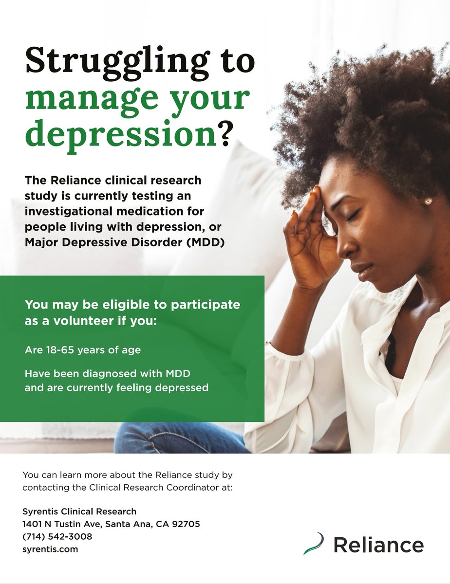 We are currently testing an investigational medication for people living with MDD. You may be eligible to participate. Learn more. (800) NEW-STUDY | Syrentis.com #depressionstudy #depressiontreatment #depression #clinicaltrials #SyrentisClinicalResearch