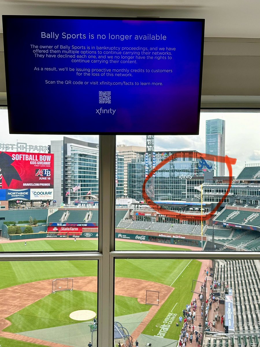 When we arrived in the pressbox, this was on the TVs that normally show the Braves games. Oh, and that building beyond right field….