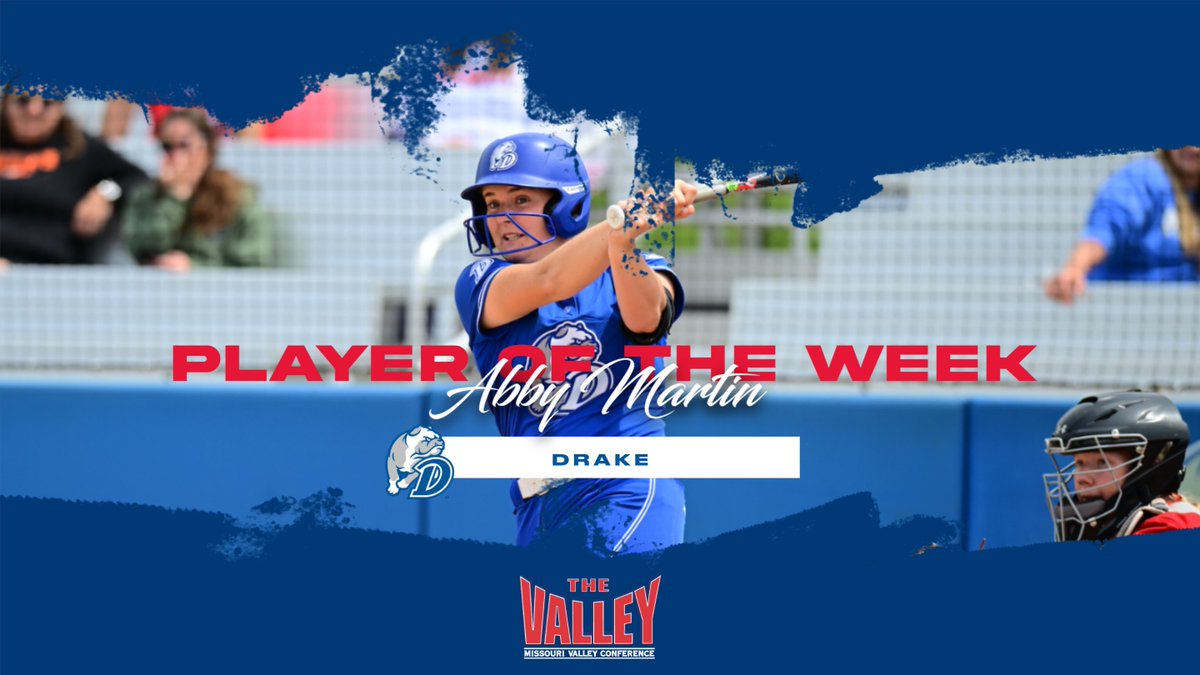Player of the Week⫸ Abby Martin, @DrakeSoftball ▪️Tallied 6 hits, hit .400, slugged .867 & smashed 2 home runs across 4 games last week. Martin has a .294 season batting average, she has 3 homers and she’s 4 among Drake starters in OPS with an .838 mark. #MVCSoftball