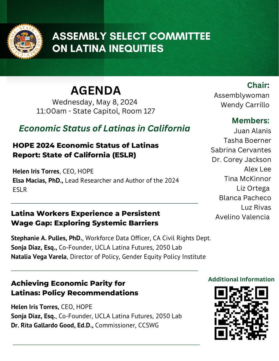 The Assembly Select Committee on Latina Inequities will convene for an informational hearing tomorrow, May 8 at 11am in the State Capitol Building, Room 127 to discuss the economic status of Latinas in California. #UnseenLatinas For more information, visit bit.ly/LatinaInequiti…