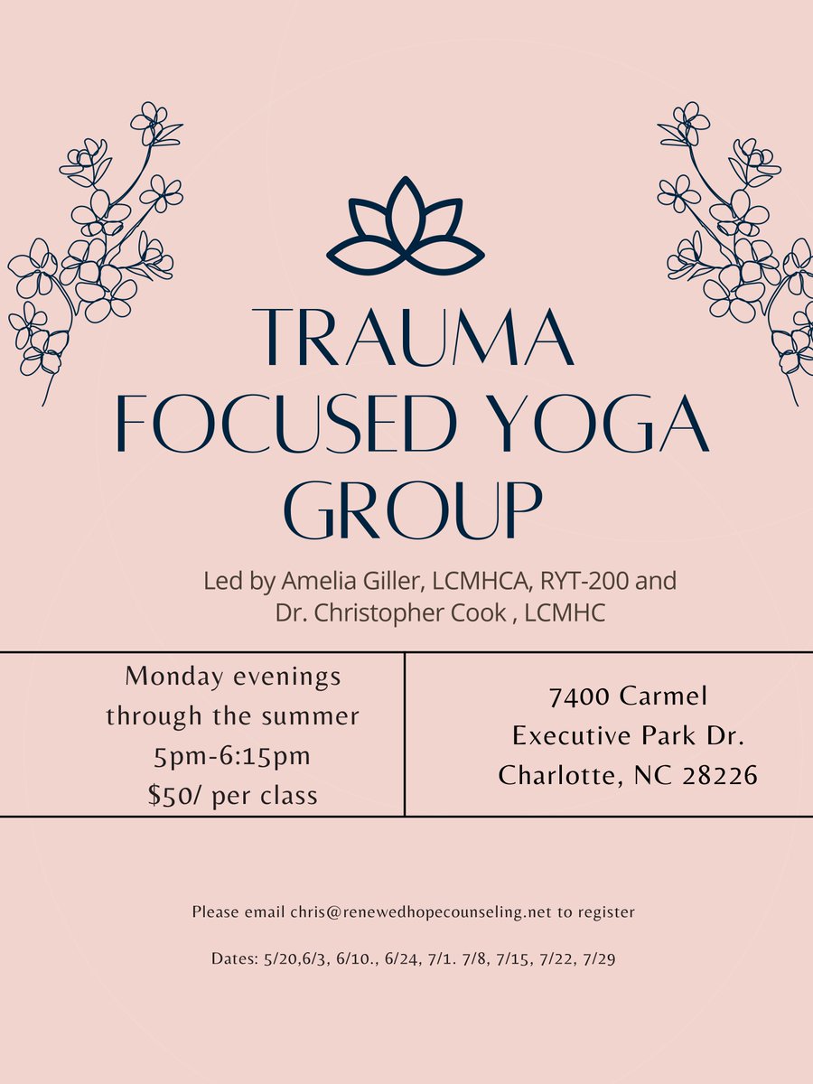 ChrisCookCES's tweet image. My colleague Amelia Giller and I are offering a yoga-centered trauma recovery group in just a few weeks. Let me know if you or someone you know is interested.