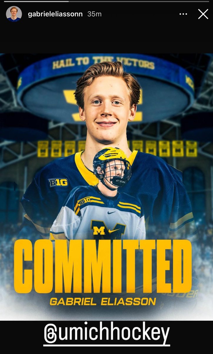 BOOM! 💣〽️

6'6' 🇸🇪 LHD Gabriel Eliasson has committed to @umichhockey! The '06 went #2 overall to Cedar Rapids in @USHL's Phase II draft & often represents Sweden in international play.

A physically imposing presence with massive potential & time to mature in CR. #FutureBlue