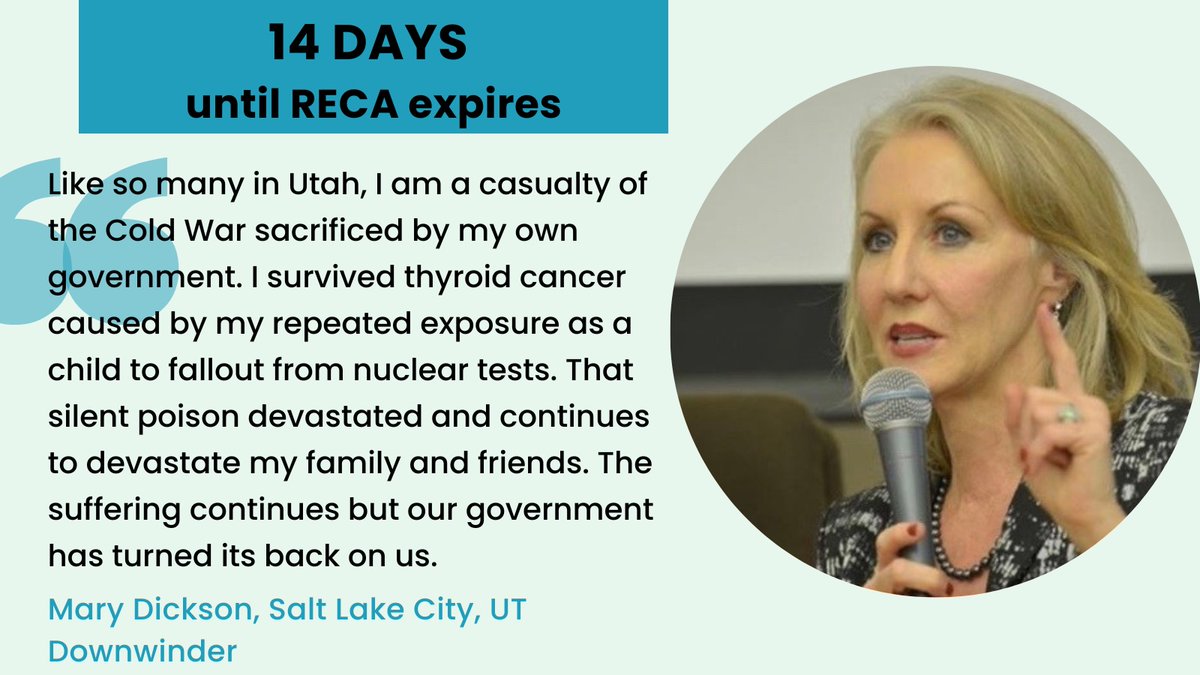 Mary Dickson has spent decades fighting for places like northern Utah and Southern Arizona to be included RECA, so that downwinders of nuclear tests like her can get support. @SpeakerJohnson – there are only 14 days left in session before RECA expires. #SaveRECA.