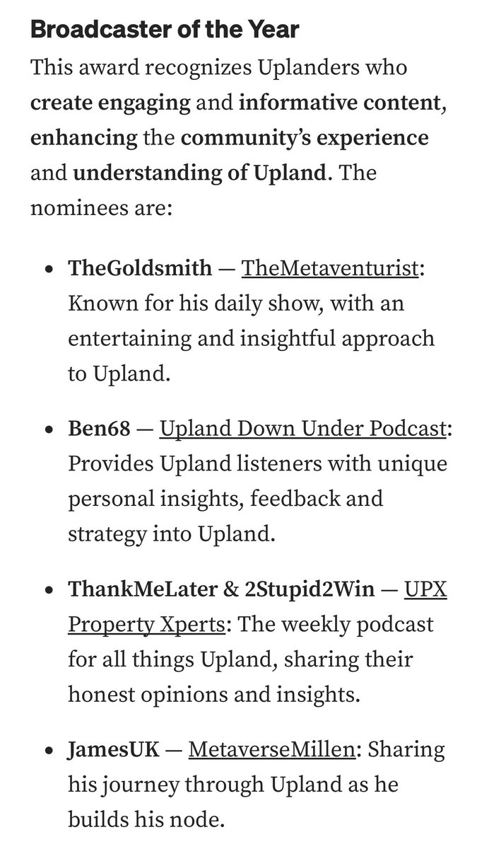 Well that’s a nice surprise, Thanks to all those who voted🙌 My money is on TML & 2Stupid to finally take it home, but best of luck to GS and MM also. 👍 #VirtualRealEstate #WEB3 #UGC #NFTcommunity #Uplandme #Metaverse #Upland #P2EGame