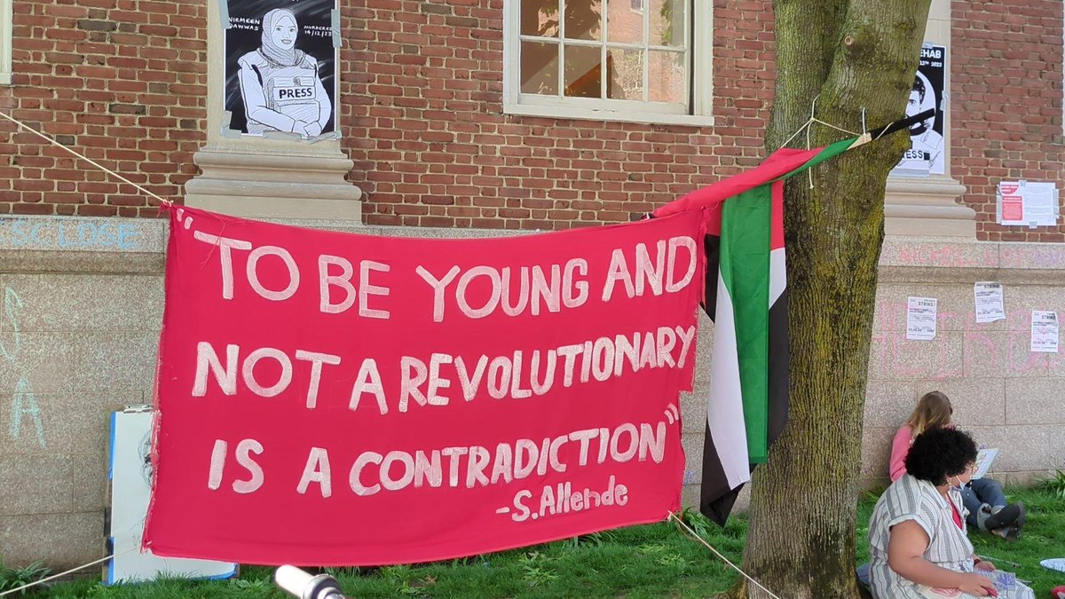 Rhode Island School of Design Gaza solidarity occupation, where students have barricaded themselves into the administration building. 'To be young and not a revolutionary is a contradiction.' - Salvador Allende