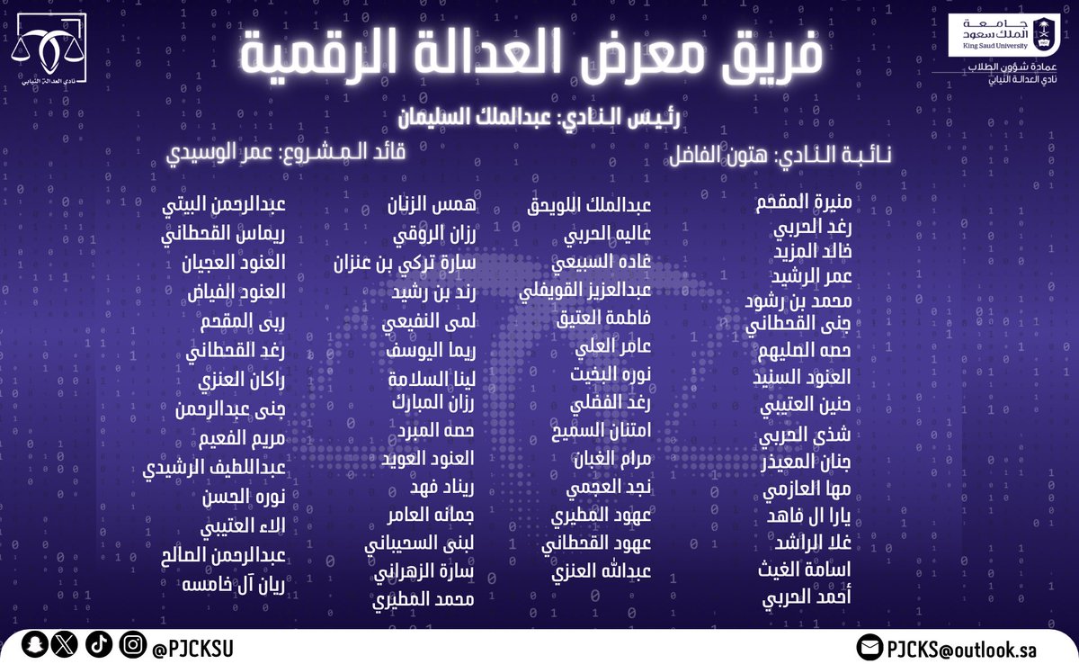 يتقدم نادي العدالة النيابي بخالص الشكرِ والعرفانِ  إلى فريق معرض العدالة الرقمية فردًا فردًا ..

الذين سعوا لنشر العدالة الرقمية بطريقة فريدة من نوعها  ✨