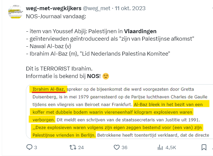 @JacquesMonasch @Nieuwsuur Natuurlijk heeft NieuwsUur/NOS dat gecheckt. 
Sterker nog, dat wisten ze waarschijnlijk al van te voren.

Zo manipuleert NOS het nieuws:
bewust dit soort activisten als deskundigen opvoeren!

Ken je deze?
Een terrorist(!) opvoeren als een
'willekeurige' Palestijn uit Vlaardingen: