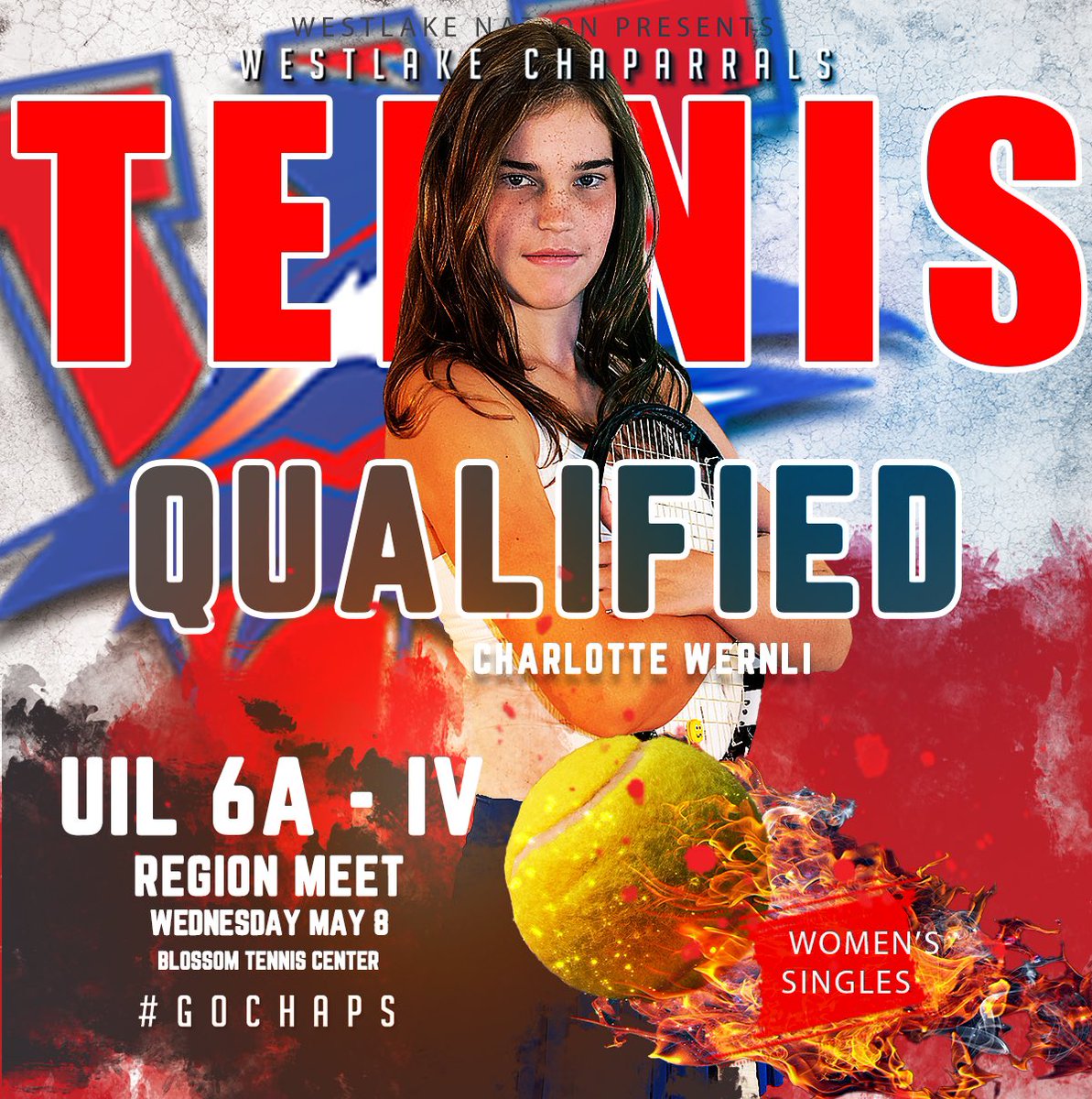 Charlotte Wernli is in the draw in Women’s Singles at Wednesday’s Region IV Tennis Tournament. All matches will be played at Blossom Tennis Center in San Antonio. Good luck, Charlotte. #GoChaps