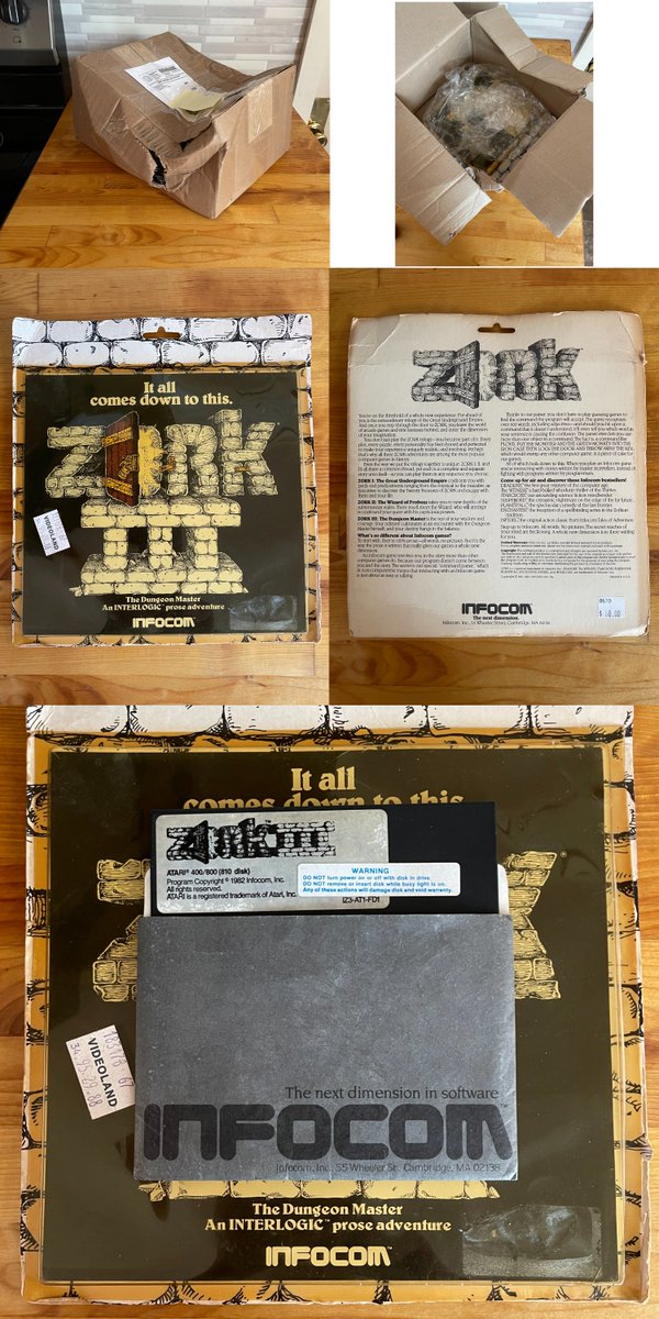 CharlesHawn66's tweet photo. The USPS just delivered Zork III from 1982, Infocom's 4th All Text game. This is the original packing from Infocom called the Folio Release which was done for the first 12 games. This box was crushed badly with almost no packing, but the game seems OK.  #Infocom #retrogaming https://t.co/eAPASqv73N