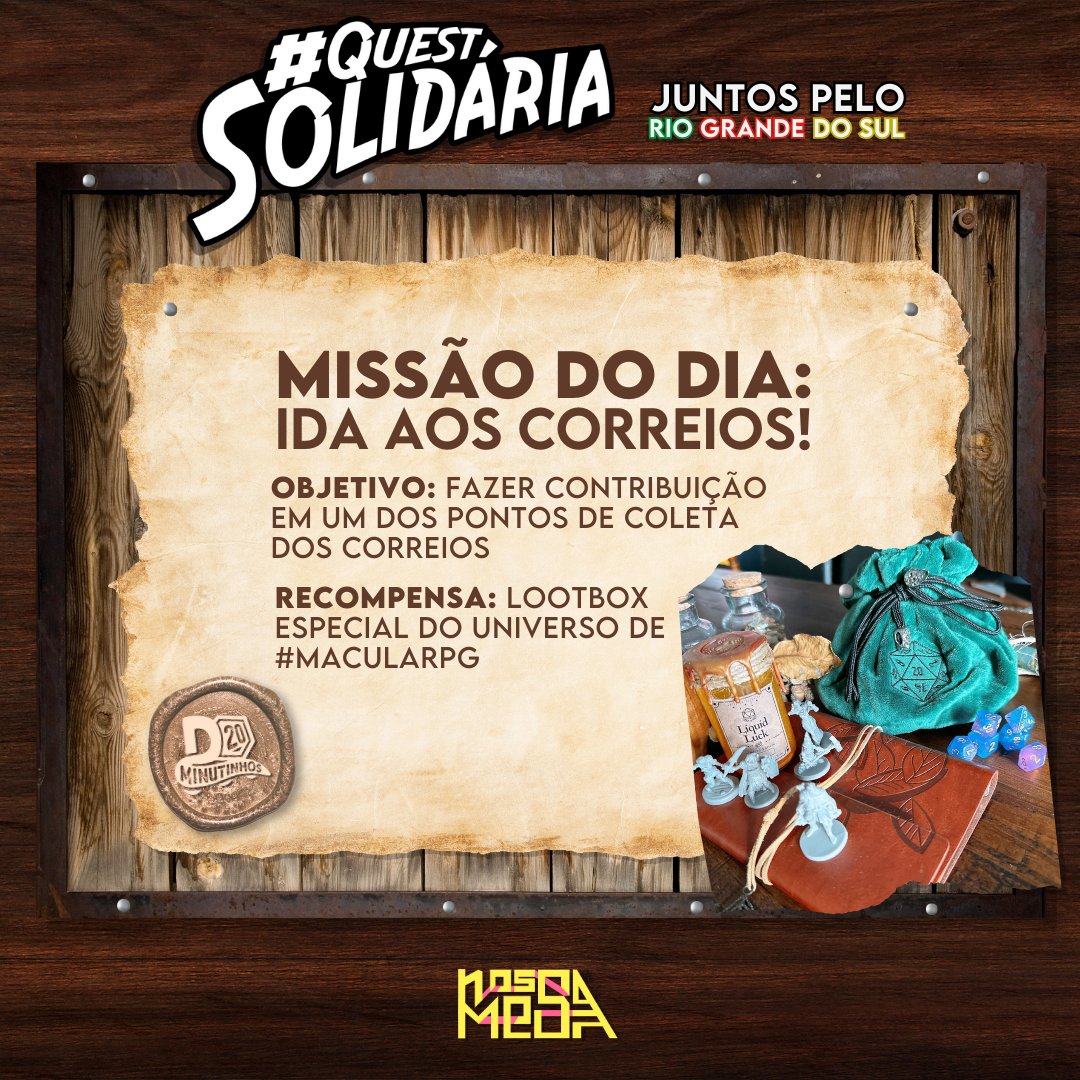 🚨#QuestSolidaria do Dia: O @d20minutinhos convida todos a entrar no espírito de #MÁCULA e contribuir com doações nos pontos de coleta dos correios! Para incentivar ainda mais essa quest, os aventureiros estarão participando de um sorteio de uma lootbox! Se liga na thread 👇🍈