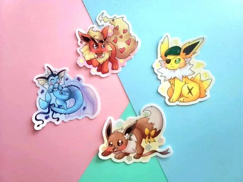 ClearCutSky1's tweet photo. New merch update! Pokemon Eeveelution Stickers! Get a special glitter sticker for free if you buy them all! https://t.co/qANguOLUGV