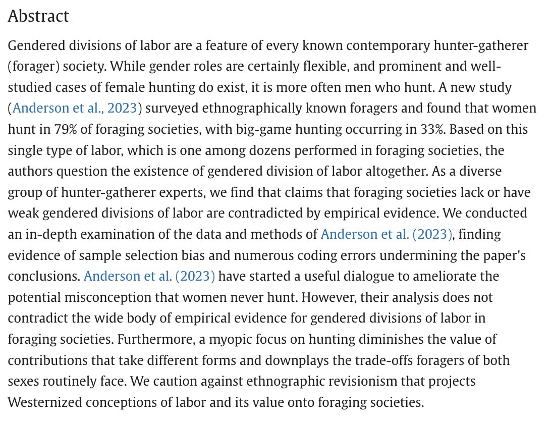 Our paper on the women's hunting debate has finally been published in @EvolHumBehav sciencedirect.com/science/articl… Our point is simple: women sometimes hunt in foraging societies, but gendered divisions of labor still exist.