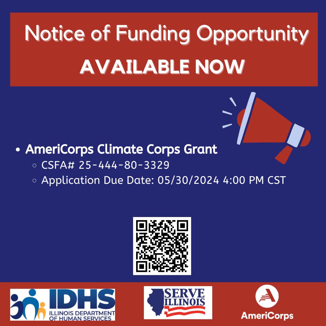 Notice of Funding Opportunity Available! Scan the QR code below, or head to serve.illinois.gov/funding-opport… learn more. Applications close 05/30/2024 at 4:00 PM Central Time #IDHSServeIllinoisNOFO #ServeILFunding #SupportingIllinoisCommunities