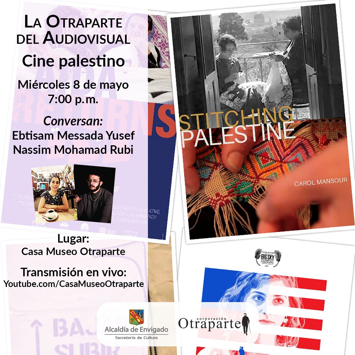 Miércoles 8 de mayo - (Presencial / Virtual) - 7:00 p.m. - Conversación sobre cine palestino en La Otraparte del Audiovisual: otraparte.org/agenda-cultura… youtube.com/watch?v=Qhh9xJ…