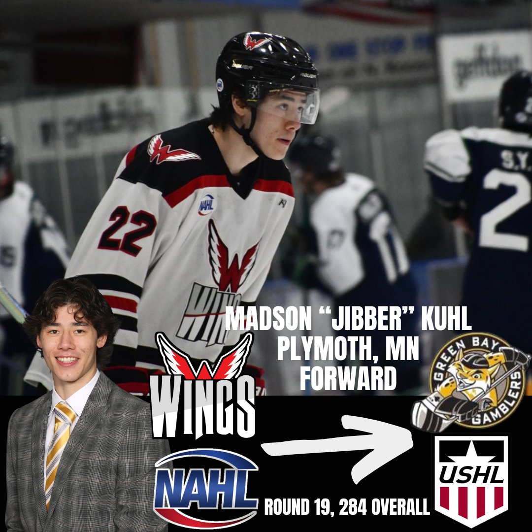 Phase II of the USHL Draft continues on!
Being picked 284th overall is forward Jibber Kuhl!
In the 2023-24 regular season, Jibber appeared in 42 games scoring 12 goals, and 7 assists for 19 total points. 
Congratulations, and good luck!
#WingsFamily #NAHL #USHL
