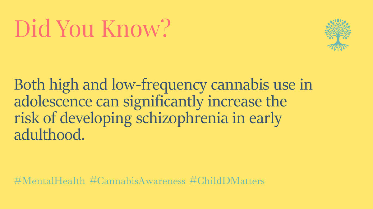 Both high and low-frequency cannabis use in adolescence can significantly increase the risk of developing schizophrenia in early adulthood. #MentalHealth #CannabisAwareness #ChildDMatters 1/5