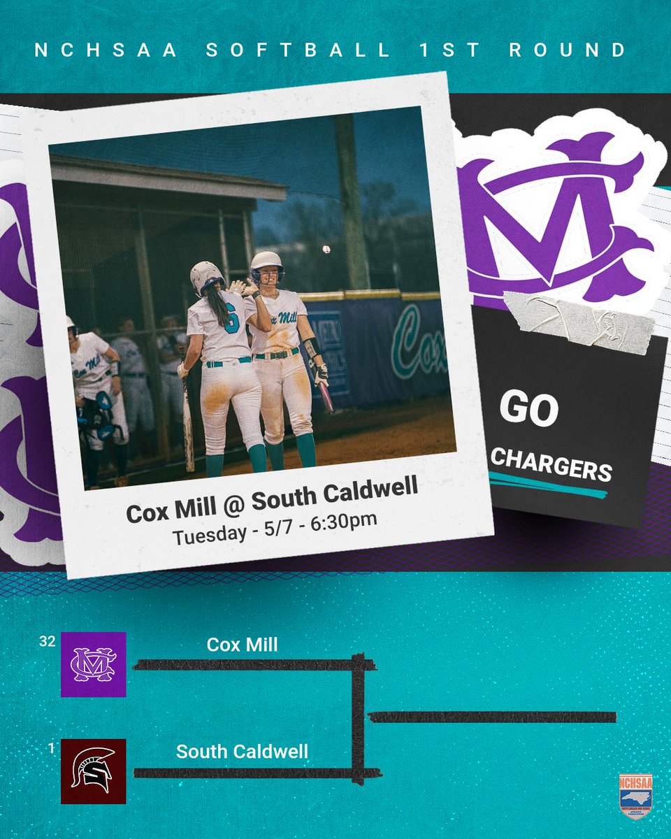 Good Luck to @CoxMillSb tonight as they travel to @SouthCaldwell_1 for a 1st Round Softball Playoff Matchup. 📍South Caldwell HS ⏰ 6:30pm 🎟️ $7.00- Cash at Gate