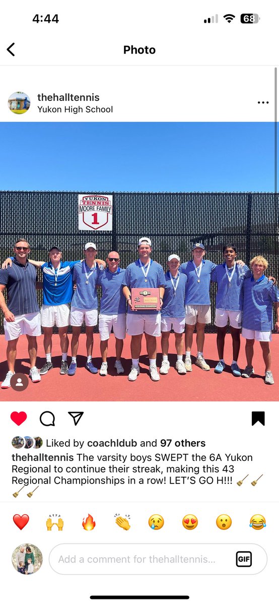 TheHallTennis's tweet photo. 43 Straight Regional Titles!! This one was a clean 🧹#chargerpride #okpreps @IWasAtTheGame https://t.co/aDXIokiKKB