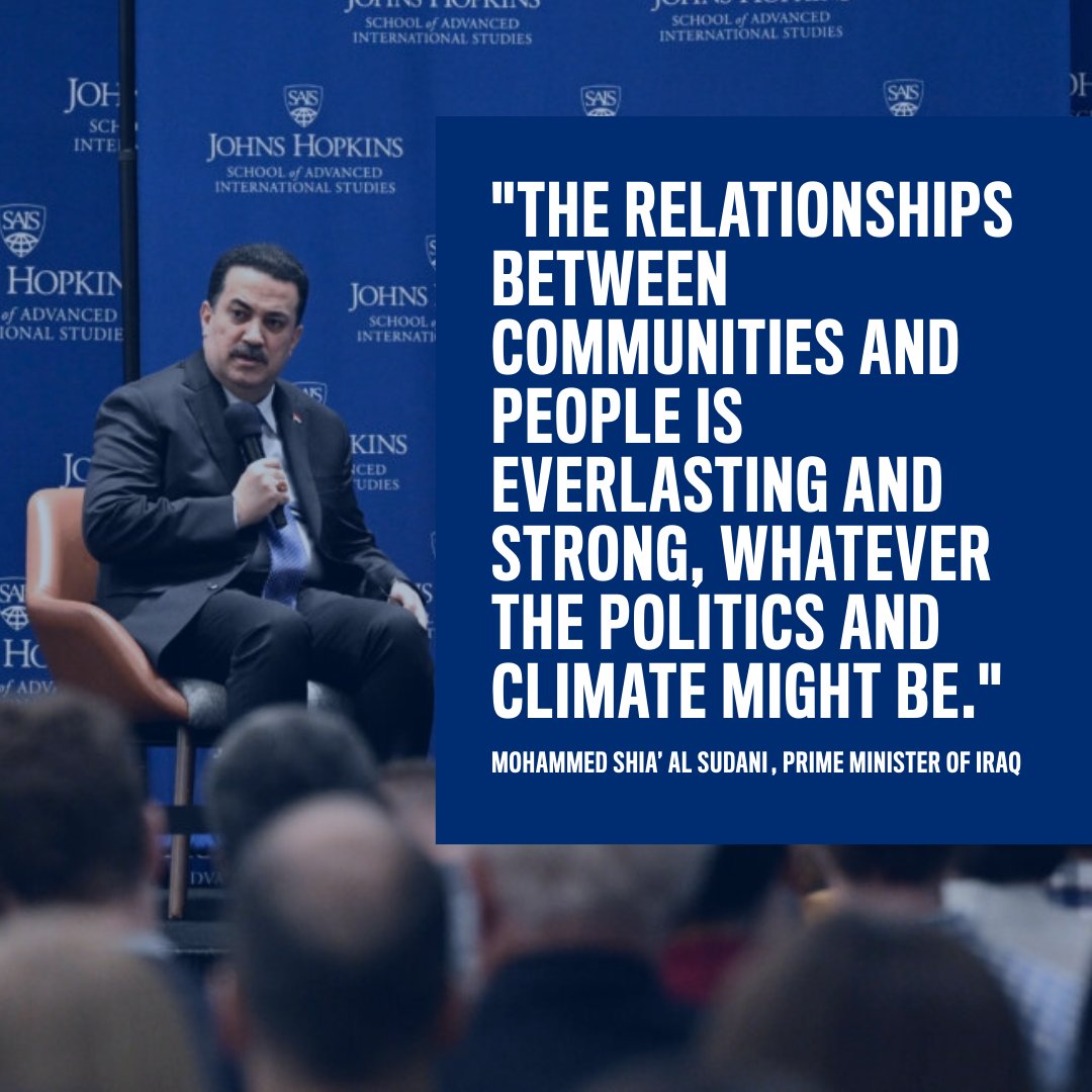 Iraqi Prime Minister Mohammed Shia’ Al Sudani @mohamedshia spoke on the escalating tensions in the Middle East at a recent event at #HopkinsBloombergCenter. 

The visit was a part of the @SAISHopkins Dean’s Speaker Series. Explore Al Sudani’s remarks: bit.ly/3WwTsg5