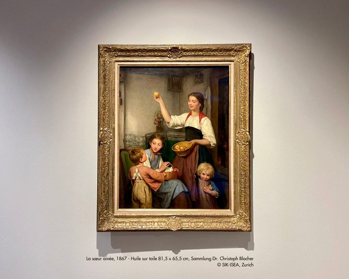 Anker dans cette composition triangulaire classique réunit quatre enfants.
La pomme se révèle vraiment le centre du tableau car personne ne s’occupe du tout petit, encore instable sur ses jambes, qui se tient à la jupe de l’aînée.

#FondationPierreGianadda #AlbertAnker