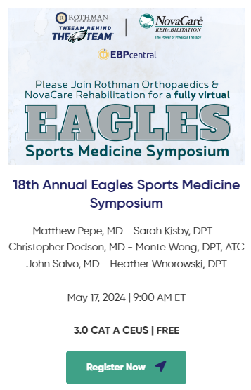 EbpCentral's tweet photo. 🔊INVITATION - Please join us for our 18th Annual Eagles Sports Medicine Symposium - May 17 at 9 AM ET. 3.0 Category A CEUs
We're talking Shoulders , ACL Reconstruction, Hips &amp; Rehabilitation. ✏️ https://t.co/N55JMZNrU1
#ROEagles24 @RothmanOrtho  @Eagles @novacare @EbpCentral https://t.co/S46vWB4GHG