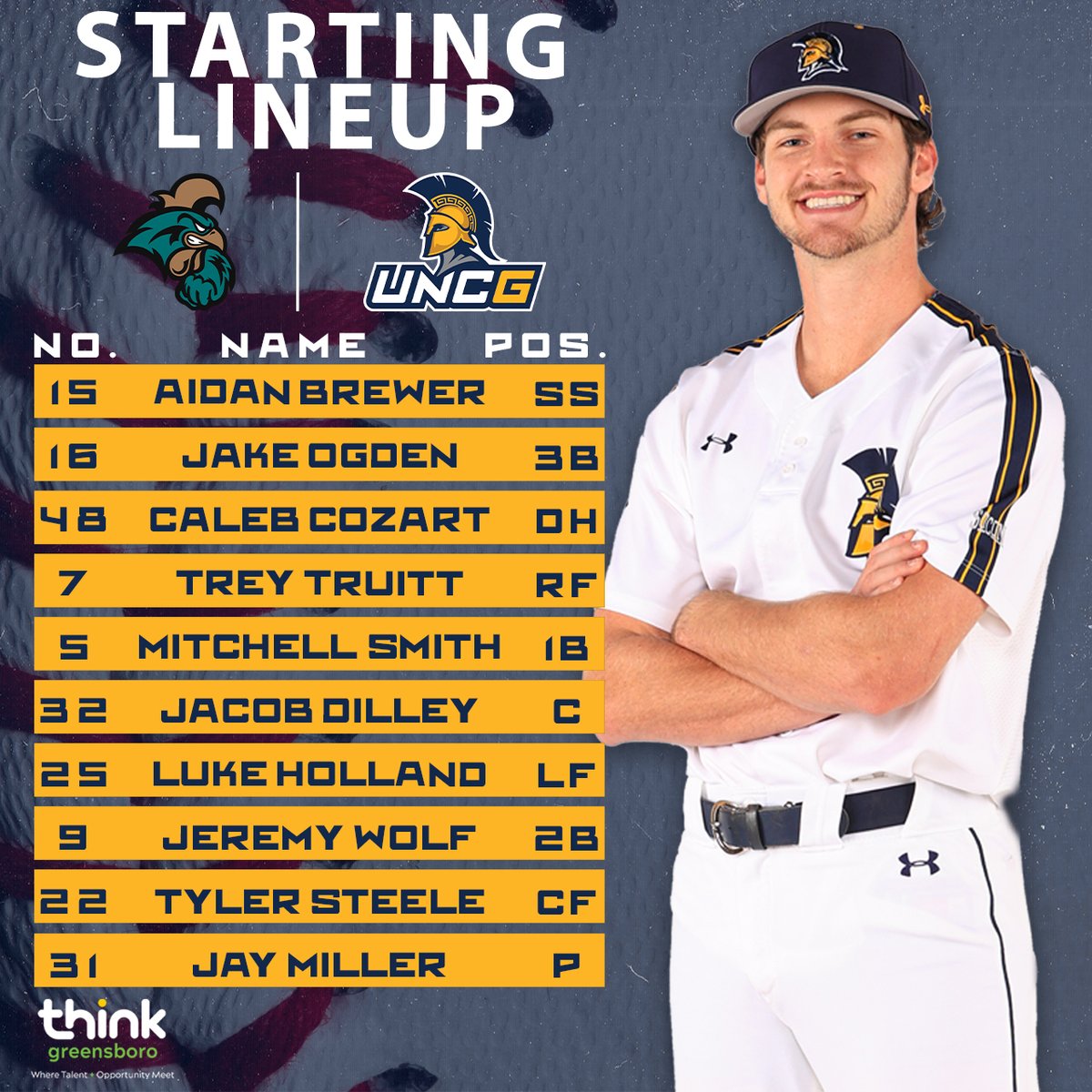 UNCGBaseball's tweet image. Here are the Spartans' starters! The first pitch goes out at 6 p.m. #letsgoG

📊 go.uncg.edu/sd31po
📺 go.uncg.edu/sd31ke