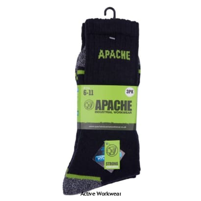active-workwear.co.uk/products/apach…

Apache's 3 pair pack work sock Burlington, is made up of 73% Cotton, 24% Hydrovent, 2% Elastane and 1% Nylon. The socks feature, a comfort inturned cuff and elasticated 'stay put' leg. Full terry cushioning in the foot to ensure added comfort for your ...