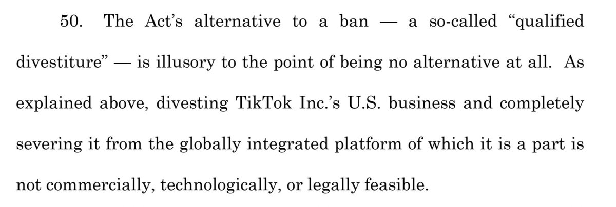 I'm failing to understand why severing TikTok's US business from the 'globally integrated platform' is not technologically feasible. Isn't that essentially what TikTok's CEO claimed had already happened with Project Texas in his Congressional testimony last March?