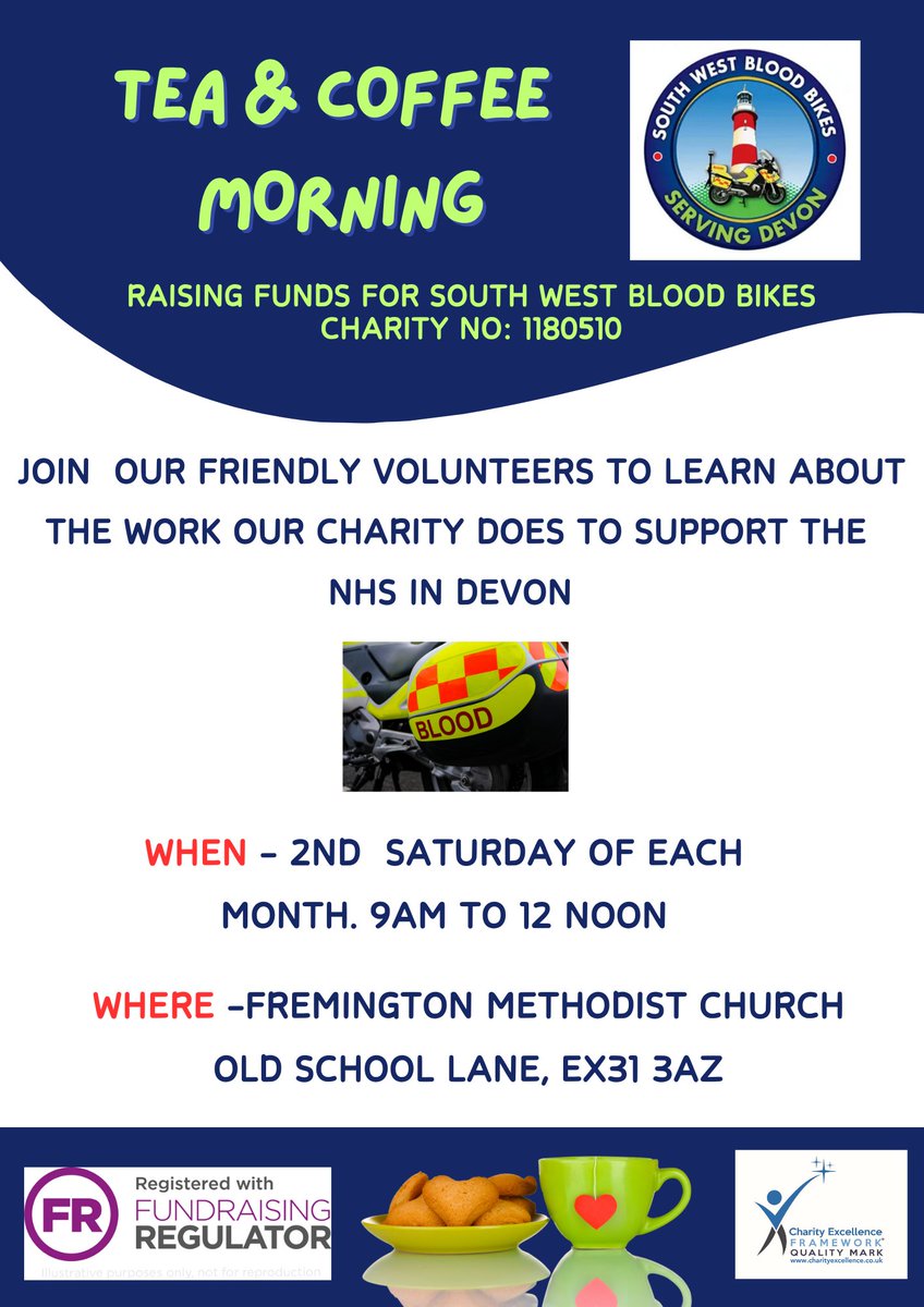 This coming Saturday, the 11th of May, volunteers from our North Devon team will be holding their monthly Tea & Coffee Morning at Fremington Methodist Church
Everyone is welcome to this event, so please do stop by and say hello 😊

#fundraiser #bloodbikes #supportingthenhs💙