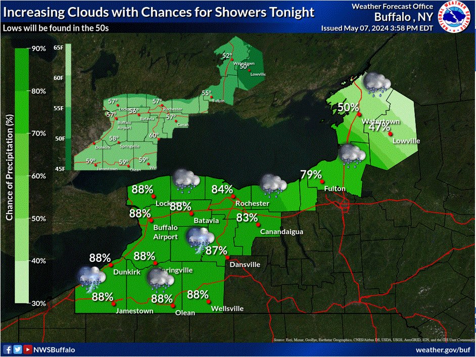 Increasing clouds tonight with chances for showers, even a rumble of thunder may accompany the showers. Lows in the 50s. #NYwx