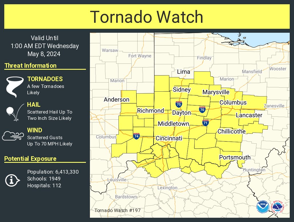 A tornado watch has been issued for parts of Indiana, Kentucky and Ohio until 1 AM EDT