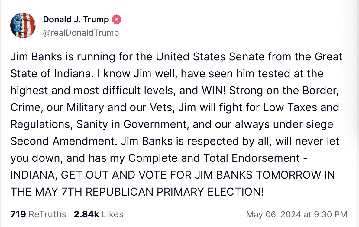 Jim Banks is going to make an amazing US Senator. He's whip smart, hardworking and determined to help lead the GOP towards a pro-America First future. He's also just an incredibly decent human being who is running for all the right reasons. Few people deserve their success more.