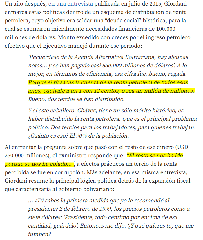 En 2015 el ex-ministro Giordani dio una entrevista en la que luego de regodearse por haber distribuido 2/3 de una renta petrolera de $1 billón entre 1999-2012, casualmente admite que el otro 1/3 se les 'coló'... 'Oops se nos fue el PIB anual de Colombia' prodavinci.com/el-populismo-m…