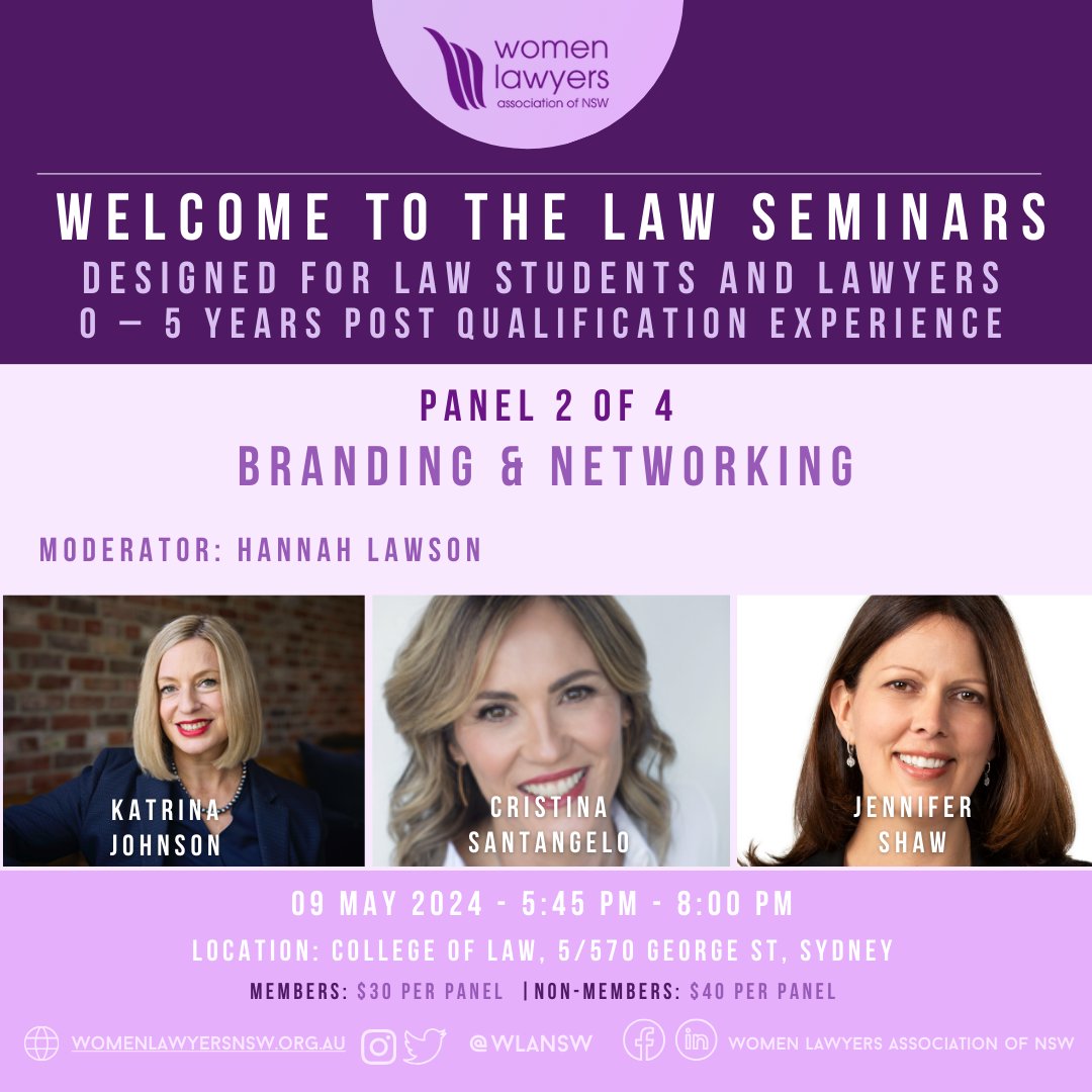 Tickets are live!
Join us for our second event of the Welcome to the Law Series. Our second event focuses on Personal Branding and Networking guided by our panelists who are seasoned legal professionals!

RSVP via our website.
#wlansw #womenlawyers #welcometothelaw  #younglawyers
