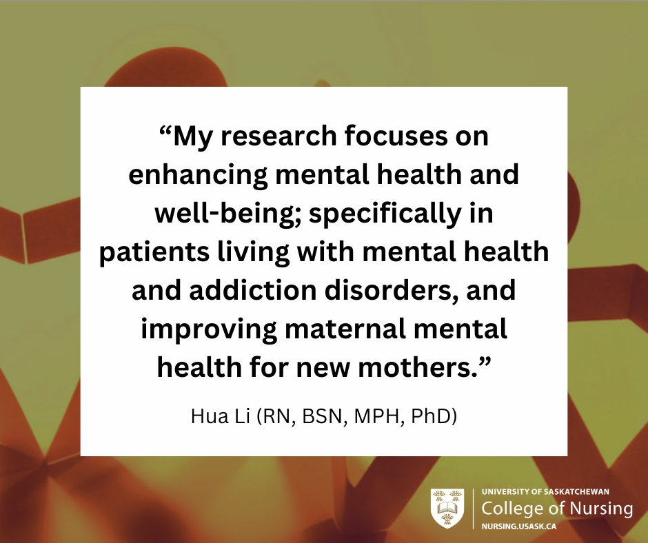May 6 - 10 is #MentalHealthWeek 

#USaskNursing faculty such as Associate Professor Dr. Hua Li (PhD) are working on research in this important area. 

Learn more about #USask #Nursing research: nursing.usask.ca/research.php

#USaskResearch #NursingResearch