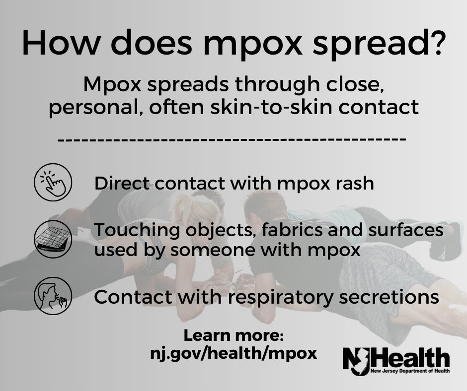Mpox can spread through direct contact with rash, touching objects or surfaces used by someone with mpox, and through contact with respiratory secretions. Learn more: nj.gov/health/mpox #HealthierNJ #MPOX
