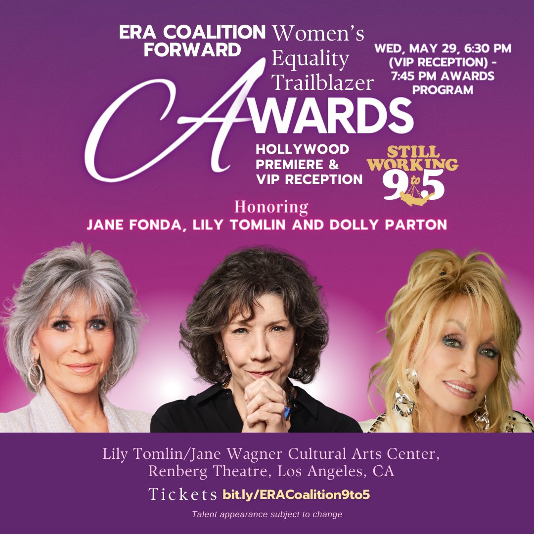 Join us for the Hollywood Premiere of @stillworking9to5 while we celebrate @Janefonda @LilyTomlin and @DollyParton for their lives/careers as equality trailblazers. at the @LALGBTCenter Tickets available now 🎟️ bit.ly/ERACoalition9t… #ERANow #Working9to5