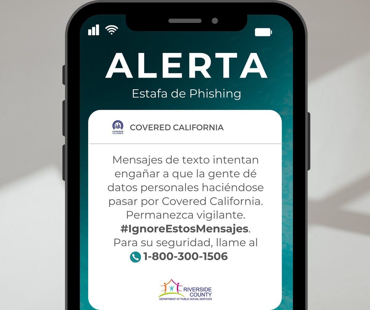 🚨 #AVISO: Se ha detectado una estafa de #phishing destinada a usuarios de #CoveredCalifornia vía mensajes de texto. No llame a teléfonos falsos ni comparta datos personales. Reporte a @CoveredCA llamando al 1-800-300-1506. #ConsejosdeSeguridad #Smishing #RivCoDPSS #RivCoNow 🛑