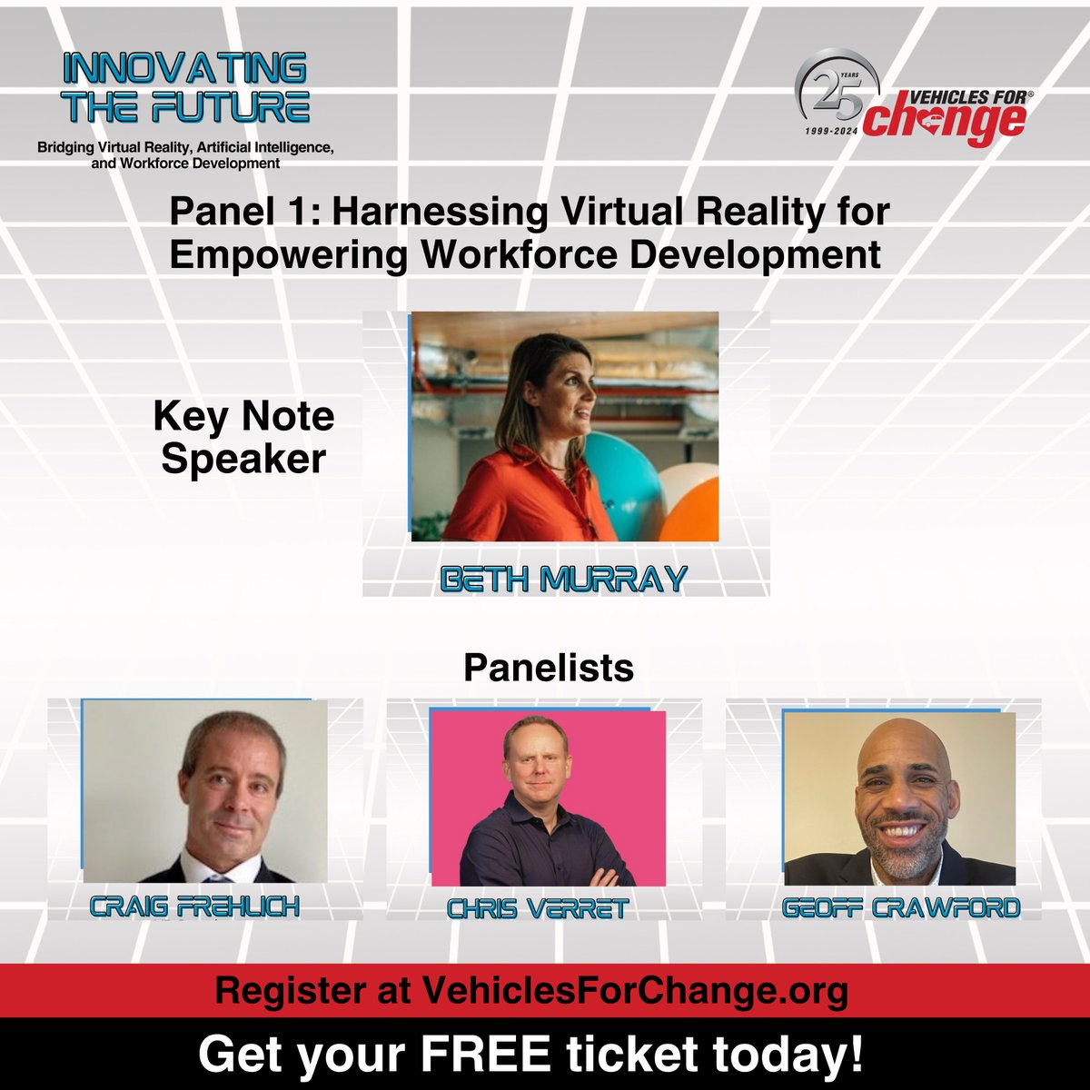 Join us for our first panel 'Harnessing Virtual Reality for Empowering Workforce Development.' Learn from success stories, and discuss strategies to make these technologies accessible to all.

Claim your FREE tickets or become a sponsor today. 
vehiclesforchange.salsalabs.org/bridgingvraian…