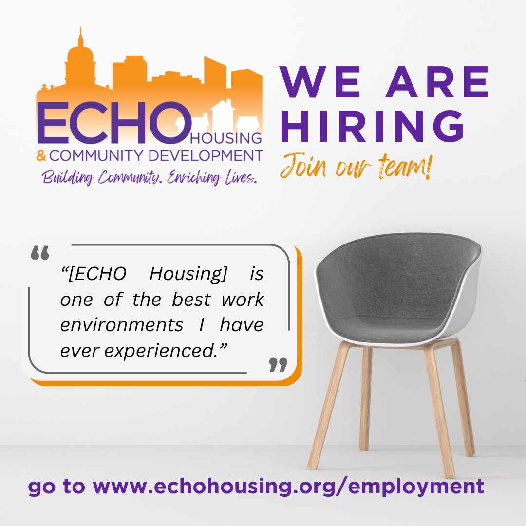 If you are looking for a constructive and affirmative work environment and you love helping people, please go to our website: ow.ly/2RH850RyYqp 💜🧡
#ECHOHousing #EndingHomelessness